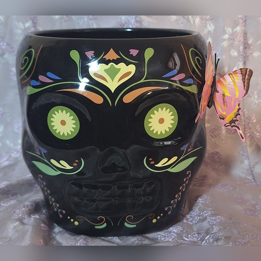 Day of the Dead Black Skull Ceramic Planter with Colorful Floral Accents